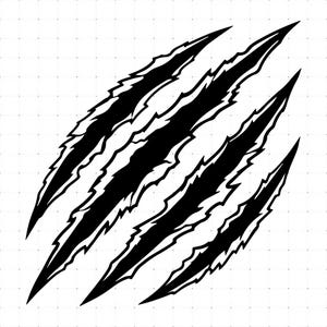 May include: A black graphic decal featuring four diagonal claw marks with jagged, uneven edges. The design is presented against a white background with a faint grid pattern, creating a sharp contrast between the dark shapes and the light surface.