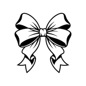 May include: A black and white graphic illustration of a decorative bow. The design features bold black outlines and solid black shading on the ribbon loops and trailing ends, creating a high-contrast, stylized representation of a tied fabric bow.