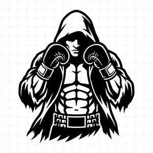 May include: A black and white graphic illustration of a boxer wearing a hooded robe and boxing gloves. The figure is shown from the chest up, displaying a muscular torso, a hooded face in shadow, and hands raised in a defensive boxing stance.