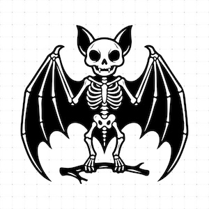 May include: A black and white graphic illustration of a bat skeleton with large wings, a skull with hollow eyes, and a rib cage, perched on a thin, gnarled tree branch. The design features bold lines and high contrast against a grid background.