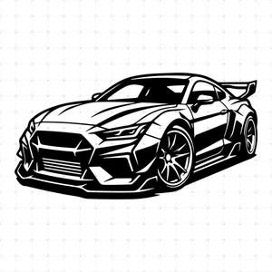 May include: A high-contrast black and white graphic illustration of a sports car featuring an aggressive wide-body kit, a large rear spoiler, low-profile tyres, and intricate multi-spoke wheels, presented against a subtle grid background.