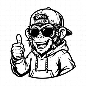 Könnte beinhalten: Eine schwarz-weiße grafische Illustration eines Affen mit Baseballkappe und Sonnenbrille, der einen Kapuzenpullover trägt. Der Affe lächelt und zeigt einen Daumen nach oben. Der Buchstabe M ist an der Seite der Kappe zu sehen.