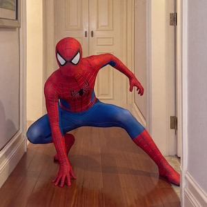 May include: A full-body Spiderman costume featuring a vibrant red and blue color scheme with a black web pattern printed across the red sections. The suit includes a matching full-head mask with large white eye lenses and a black spider emblem on the chest.