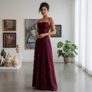 Bourgondische kanten maxi-jurk voor vrouwen, korset terug formele avondjurk, elegante wijnrode a-lijn jurk, bruiloft gast gala bruidsmeisjesjurk