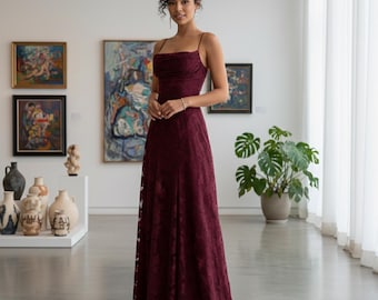 Vestido largo de encaje color burdeos, vestido de noche formal con espalda de corsé, vestido de invitada de boda color rojo vino