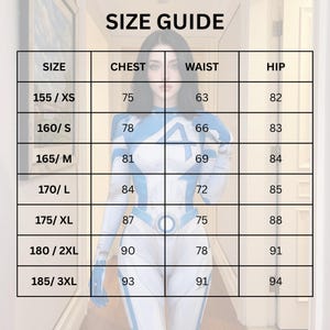 May include: A size guide chart featuring a table with columns for size, chest, waist, and hip measurements. The rows list sizes from 155/XS to 185/3XL with corresponding numerical values. The text SIZE GUIDE is at the top of the grid.