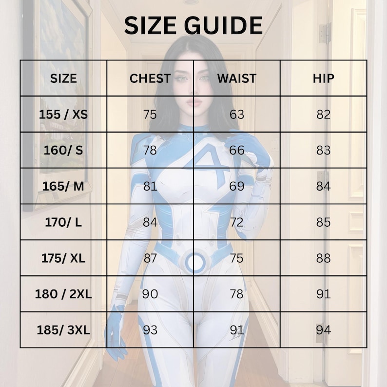 May include: A size guide chart featuring a table with columns for size, chest, waist, and hip measurements. The rows list sizes from 155/XS to 185/3XL with corresponding numerical values. The text SIZE GUIDE is at the top of the grid.