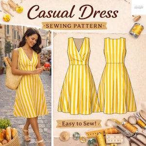 Patron de couture pour robe décontractée - Style estival facile avec une ligne trapèze et un col en V (téléchargement PDF numérique)