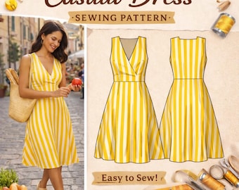 Casual Dress Sewing Pattern – Easy A-Line V-Neck Summer Style (Digital PDF Download)