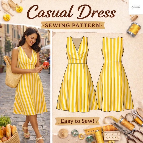 Casual Dress Sewing Pattern – Easy A-Line V-Neck Summer Style (Digital PDF Download)