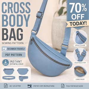 May include: A light blue crossbody bag sewing pattern featuring text that reads CROSS BODY BAG, SEWING PATTERN, BEGINNER FRIENDLY, PDF PATTERN, INSTANT DOWNLOAD, A4 / US LETTER, STEP BY STEP INSTRUCTIONS, and FULLY DETAILED GUIDE.