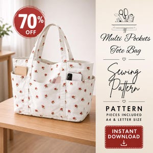 May include: A white tote bag with a small red floral pattern, featuring multiple exterior pockets and two handles. The image includes text: 70% OFF, Multi Pockets Tote Bag, Sewing Pattern, PATTERN PIECES INCLUDED A4 & LETTER SIZE, INSTANT DOWNLOAD.