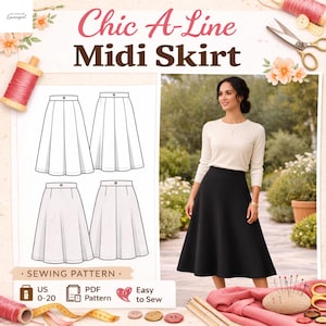 Patrón de costura para falda midi elegante de corte A / Falda fluida para principiantes (Descarga en PDF)