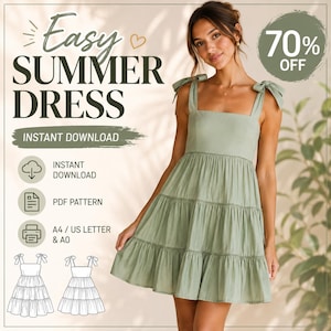 Könnte beinhalten: Ein salbeigrünes, gestuftes Minikleid mit Bindeträgern und eckigem Ausschnitt. Das Bild enthält den Text: Easy SUMMER DRESS, INSTANT DOWNLOAD, PDF PATTERN, A4 / US LETTER & A0 und 70% OFF. Zwei Linienskizzen des Kleides sind abgebildet.
