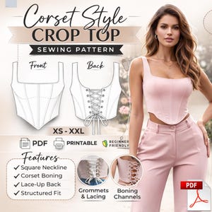 Puede incluir: Un patrón de costura de top corto estilo corsé rosa. El patrón incluye un escote cuadrado, ballenas de corsé, espalda con cordones y ajuste estructurado. La imagen muestra a una mujer con un top corto y pantalones rosas. El patrón es apto para principiantes y está disponible en tallas XS-XXL.