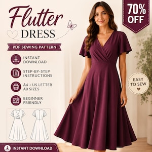 Peut inclure: Un patron de couture PDF pour une robe à volants, présentant une robe portefeuille bordeaux foncé avec un décolleté en V et des manches courtes à volants. Le graphique inclut le texte : Flutter DRESS, PDF SEWING PATTERN, INSTANT DOWNLOAD, STEP-BY-STEP INSTRUCTIONS, A4 US LETTER A0 SIZES, BEGINNER FRIENDLY, EASY TO SEW.