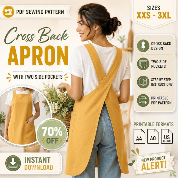Cross-Back Apron Sewing Pattern PDF . Easy Beginner Apron . Japanese Apron. Artist & Kitchen Apron . Digital Download . Pinafore apron