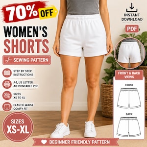 Mönster för damshorts, shorts med resår i midjan i PDF-format, mönster för gör-det-själv-shorts, utskrivbart A4 US Letter A0, digital nedladdning