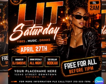 Lit Saturday Night Party Flyer Template | Club Promotion Flyer | Ladies Night Invite Canva Editable DJ Event Poster, Digital Download