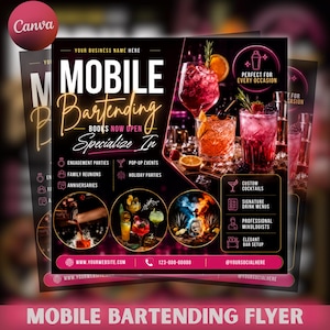 Może przedstawiać: Ulotka mobilnego baru z czarnym i różowym tekstem, w tym "MOBILE Bartending" i "Specialize In". Projekt przedstawia różne koktajle w szklankach, dekoracje oraz ikony usług, takich jak przyjęcia zaręczynowe i koktajle na zamówienie.