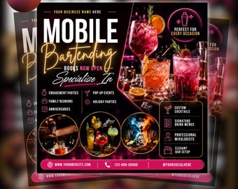 Mobile Bartending Flyer, Event Bartender Flyer,Mixologist Portable Bar bartending, Event Party Canva Editable (Digital download)