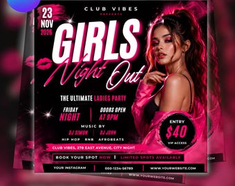 Ladies Night Flyer, Nightclub Instagram Event Flyer, Girls Midnight Out, Editable Canva Template birthday bash flyer (Digital Download)