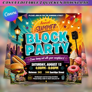 May include: A digital flyer for an Annual Summer Block Party on Saturday, August 12, from 4:00PM to 8:00PM at Sunridge Street. The graphic features a hamburger, hot dog, ice cream cone, donut, street lamp, and speaker with colorful text.