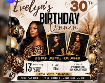 Leopard Print Birthday Party Flyer Template | Gold Dinner Invitation | Social Media Flyer | Canva Template | Digital Download