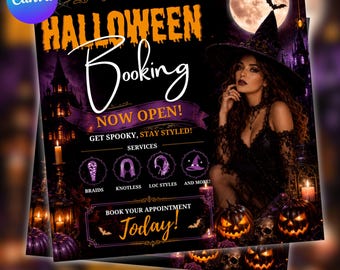 Halloween Booking Flyer, Braids & Locs Salon Template, Editable Canva Design Wig Stylist Booking Now Promo Template (Digital download)