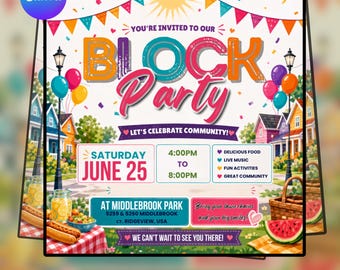 Editable Block Party Flyer Template, Neighborhood Backyard BBQ Invitation, Potluck Neighbor Meet & Greet Flyer (Digital download)