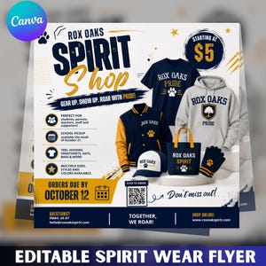 May include: A promotional flyer for Rox Oaks Spirit Shop featuring a navy blue t-shirt, a grey hoodie, a navy and gold varsity jacket, a baseball cap, a tote bag, and gloves, all branded with Rox Oaks logos, text, and a QR code for ordering.