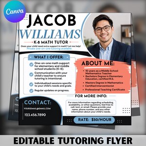 Op de afbeelding: Een K-8 wiskunde bijles flyer voor Jacob Williams met een professionele portretfoto, contactgegevens en service-informatie. De tekst bevat 'What I Offer', 'About Me' en 'Rate: $50/hour' op een wit, blauw en koraalkleurig grafisch ontwerp.