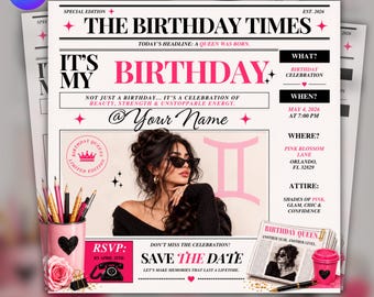 Newspaper Birthday Flyer Template,Birthday Itinerary, Newsletter Template, DIY text, Instant Download