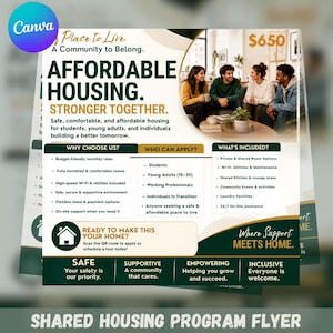 Puede incluir: Un folleto para un programa de vivienda asequible con el texto Affordable Housing, Stronger Together y un precio de 650 $. Incluye secciones para Why Choose Us, Who Can Apply y What's Included, con una foto de cuatro personas sentadas.