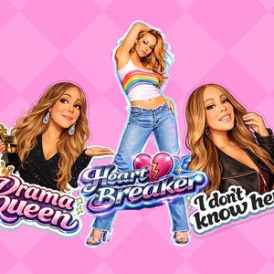 May include: Three sticker designs featuring a pop star on a pink background. One sticker says "Drama Queen" with a crown and trophy. Another says "Heart Breaker" with a broken heart. The third says "I don't know her..."