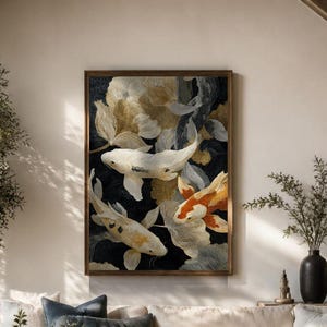 May include: A framed rectangular wall art piece featuring a dark background with white and orange koi fish swimming among abstract gold and grey foliage. The artwork is displayed above a large cream-colored sectional sofa in a living room.