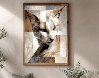 May include: A rectangular wall art piece featuring a stylized, geometric portrait of a cat in shades of brown, beige, and white. The artwork is enclosed in a simple wooden frame and is displayed on a neutral-toned wall above a wooden bench.
