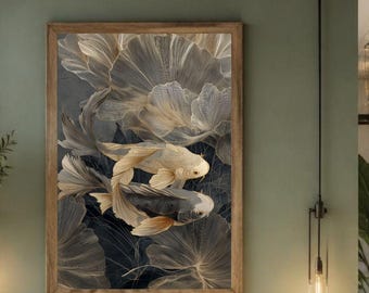 May include: A rectangular wall art piece featuring two koi fish swimming amidst stylized lotus leaves in shades of gold, cream, and dark blue, enclosed in a wooden frame, displayed above a white oval freestanding bathtub in a bathroom.