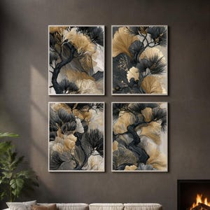 May include: A set of four rectangular wall art prints featuring abstract botanical illustrations in black, gold, and cream tones. Each print displays intricate, flowing lines and organic shapes that resemble stylized foliage and tree branches.