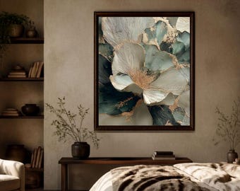 May include: A square framed wall art piece featuring an abstract floral composition in shades of deep teal, soft cream, and white, accented with metallic gold veining. The artwork is displayed on a neutral wall above a wooden bench in a bedroom.