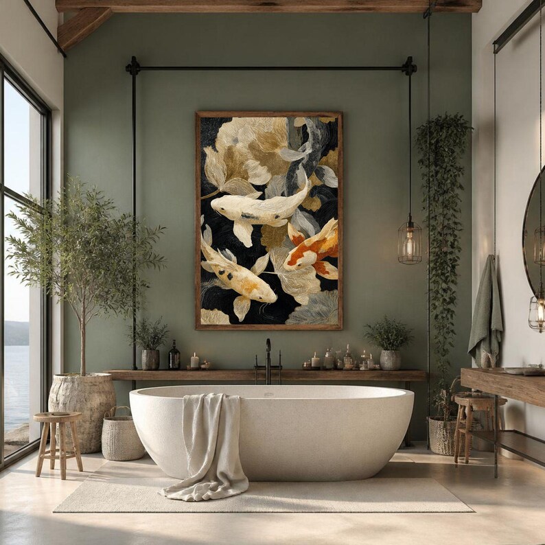 May include: A rectangular wall art piece featuring three koi fish swimming among abstract gold and white floral shapes on a dark background, framed in wood, displayed above a white oval freestanding bathtub in a room with sage green walls.