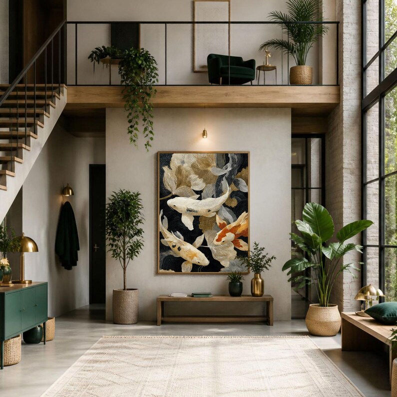 May include: A large rectangular wall art piece featuring a detailed painting of three koi fish swimming among abstract gold and dark blue floral shapes. The artwork is framed in a thin wooden border and hangs centered on a neutral-toned wall.