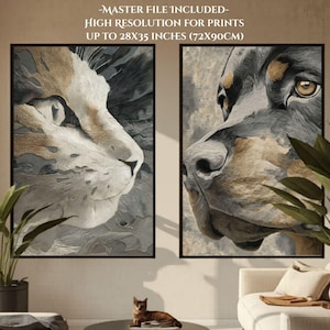 May include: Two framed wall art prints featuring close-up, textured oil-style paintings of a cat and a dog in shades of gray, white, and tan. The text at the top reads: MASTER FILE INCLUDED- HIGH RESOLUTION FOR PRINTS UP TO 28X35 INCHES (72X90CM).