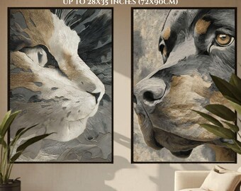 May include: Two framed wall art prints featuring close-up, textured oil-style paintings of a cat and a dog in shades of gray, white, and tan. The text at the top reads: MASTER FILE INCLUDED- HIGH RESOLUTION FOR PRINTS UP TO 28X35 INCHES (72X90CM).