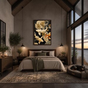 May include: A rectangular wall art print featuring three koi fish swimming among abstract floral shapes in shades of white, orange, and gold against a dark background, framed in a dark wood border and displayed above a bed in a bedroom.