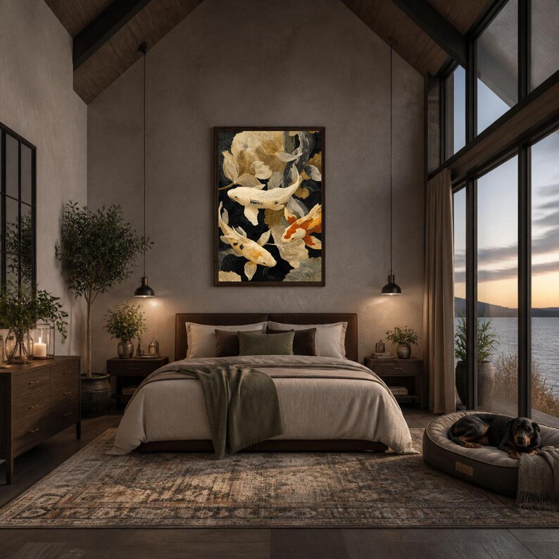 May include: A rectangular wall art print featuring three koi fish swimming among abstract floral shapes in shades of white, orange, and gold against a dark background, framed in a dark wood border and displayed above a bed in a bedroom.
