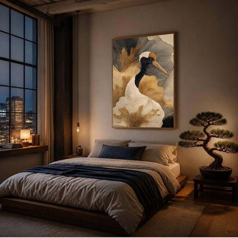 May include: A rectangular wall art print featuring a stylized red-crowned crane with a white body, black neck, and orange crown, set against a background of abstract, layered gold and dark gray fan-shaped patterns with visible brushstroke textures.