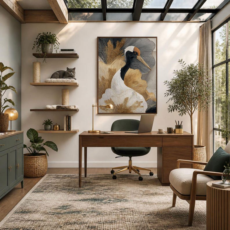 May include: A home office featuring a wooden desk with a laptop, a dark green office chair, and a wall-mounted painting of a red-crowned crane. The room includes floating shelves with a cat, plants, and a beige area rug with dark patterns.