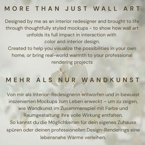 May include: A beige informational graphic featuring dark brown text in both English and German. The English text reads: MORE THAN JUST WALL ART. Designed by me as an interior redesigner and brought to life through thoughtfully styled mockups.