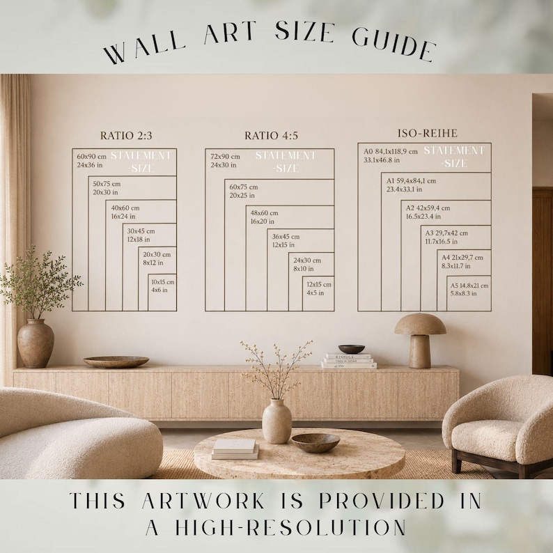 May include: A wall art size guide infographic featuring three columns labeled Ratio 2:3, Ratio 4:5, and ISO-Reihe. Each column displays nested rectangular outlines with corresponding dimensions in inches and centimeters for various print sizes.